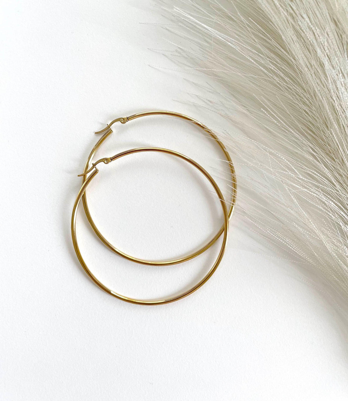 A pair of thin and large gold plated hoop earrings arranged on a white surface next to dried pampas grass.