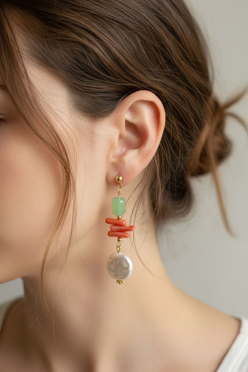 A close-up of a model's ear wearing a bohemian-style dangle earring. The earring features a gold-plated post with a light green rectangular bead, a stack of coral-orange disc beads, and a large white baroque pearl at the bottom.
