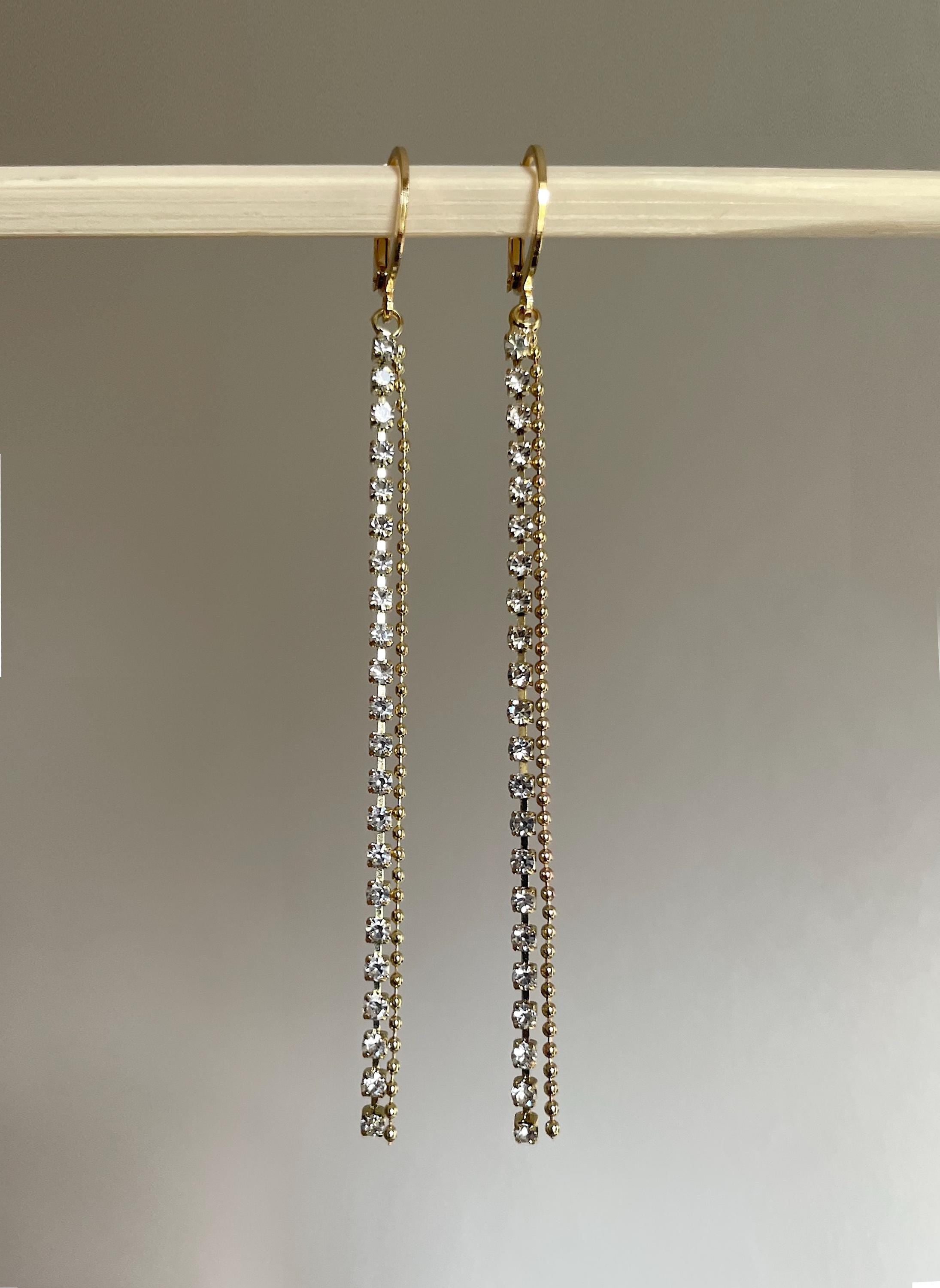 Crystal Rhinestone Chain Earrings: Stainless Steel Cubic Zirconia