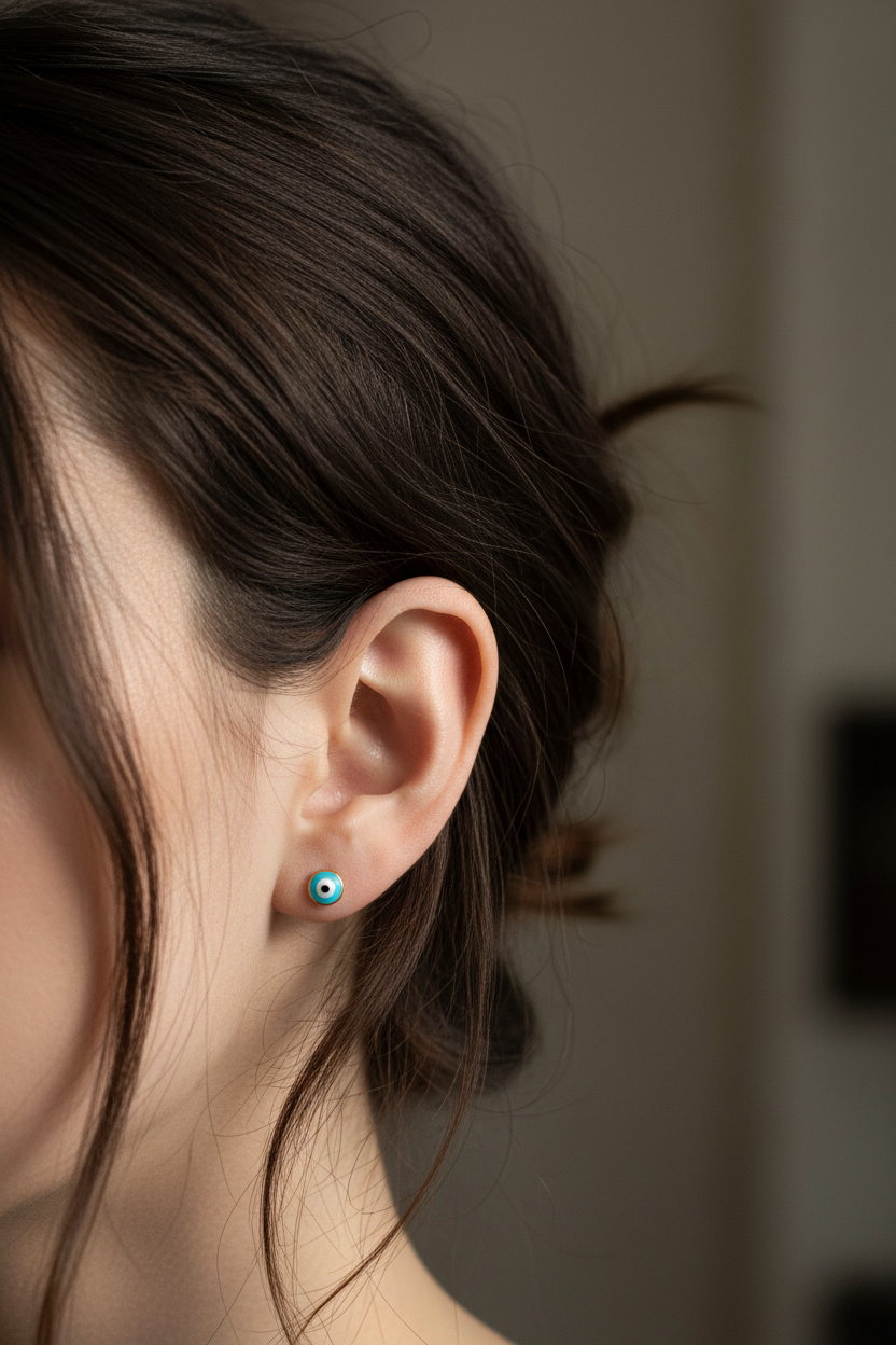 A close-up of a person's ear wearing a small evil eye stud earring with turquoise blue and white details.