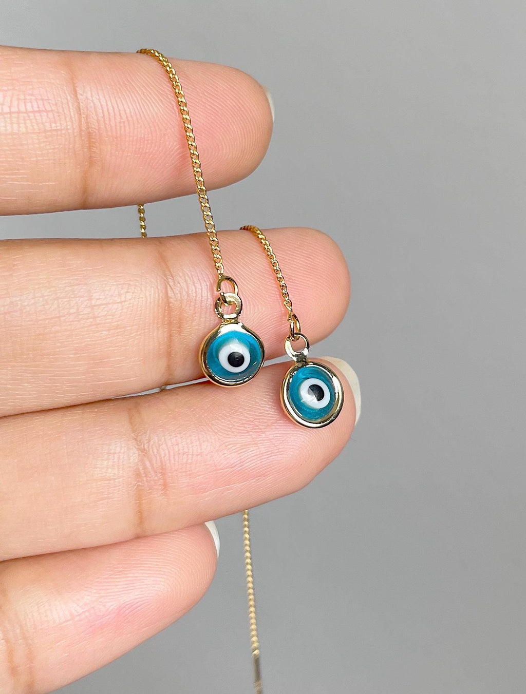 Evil Eye Threader Earrings: 18K Gold Plated, Handmade Glass Beads