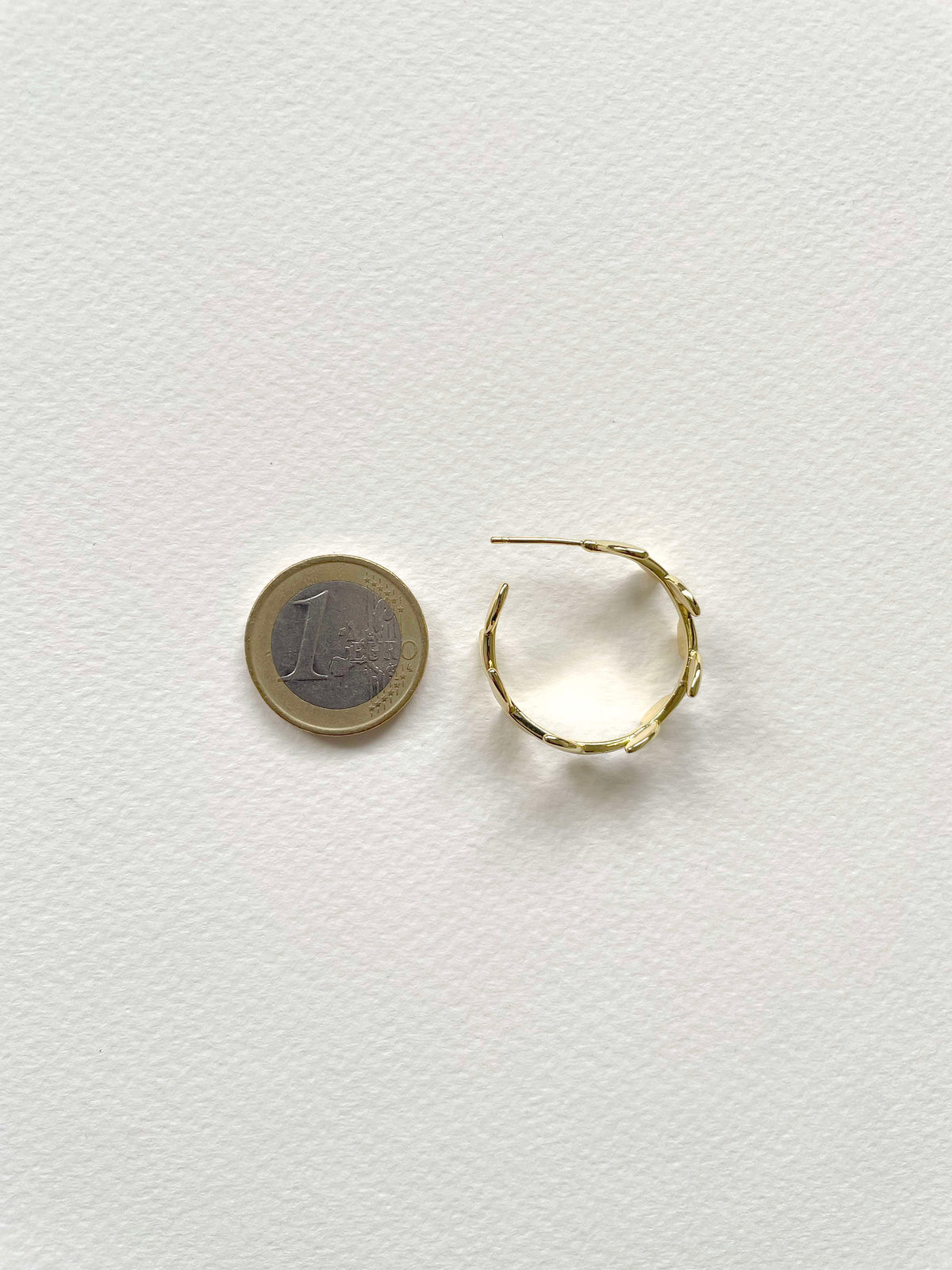 A single small gold laurel hoop earring shown next to a 1 Euro coin for scale, on a textured white background.

