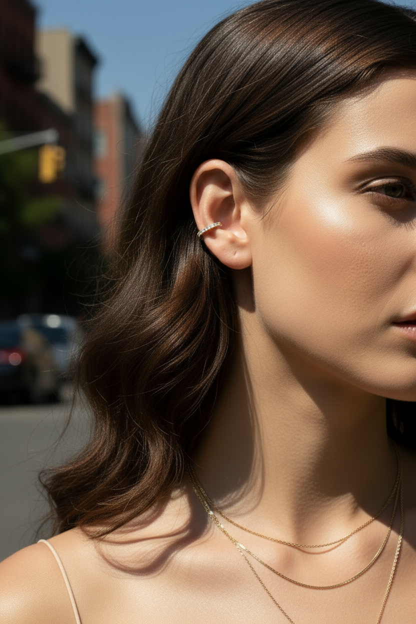 A close-up lifestyle shot of a woman with long brown hair wearing a delicate gold ear cuff and layered gold necklaces, set against a blurred city street background.