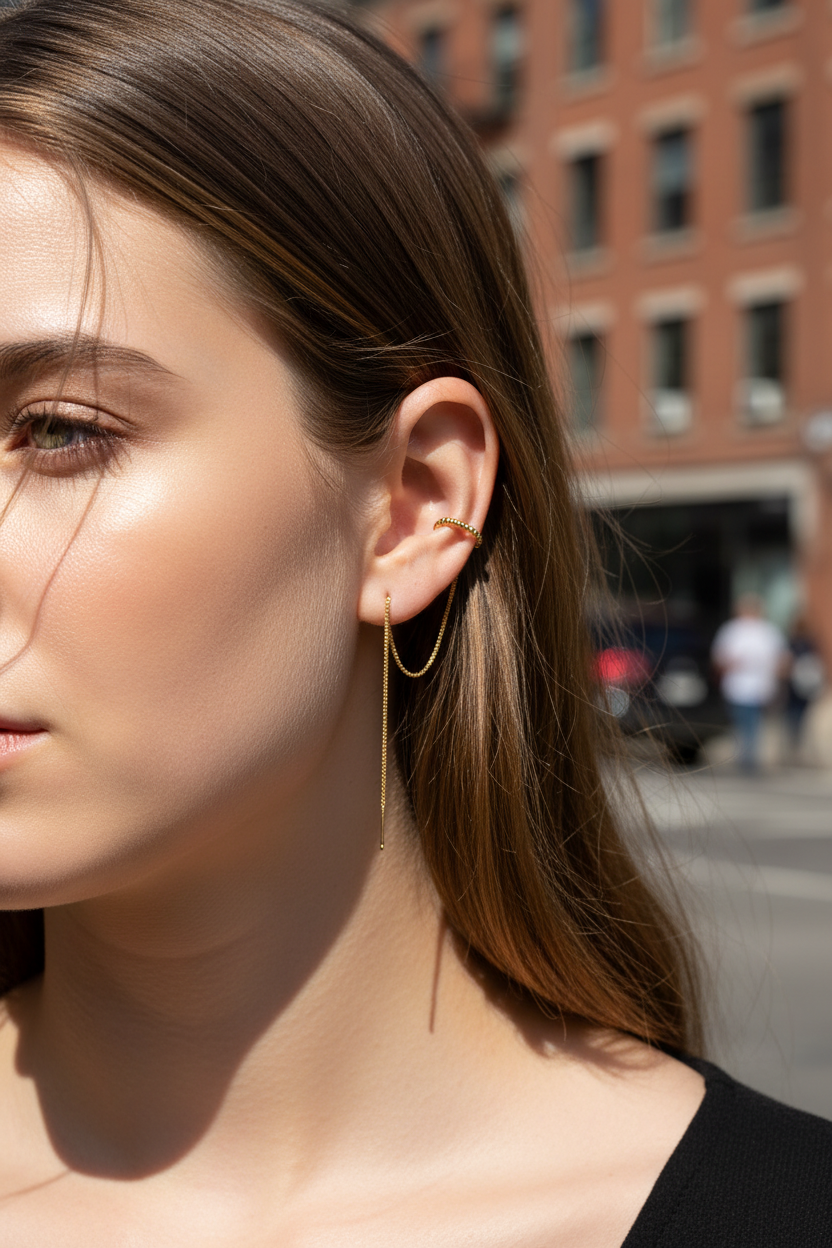 Gold Chain Cuff Threader Earrings on a model