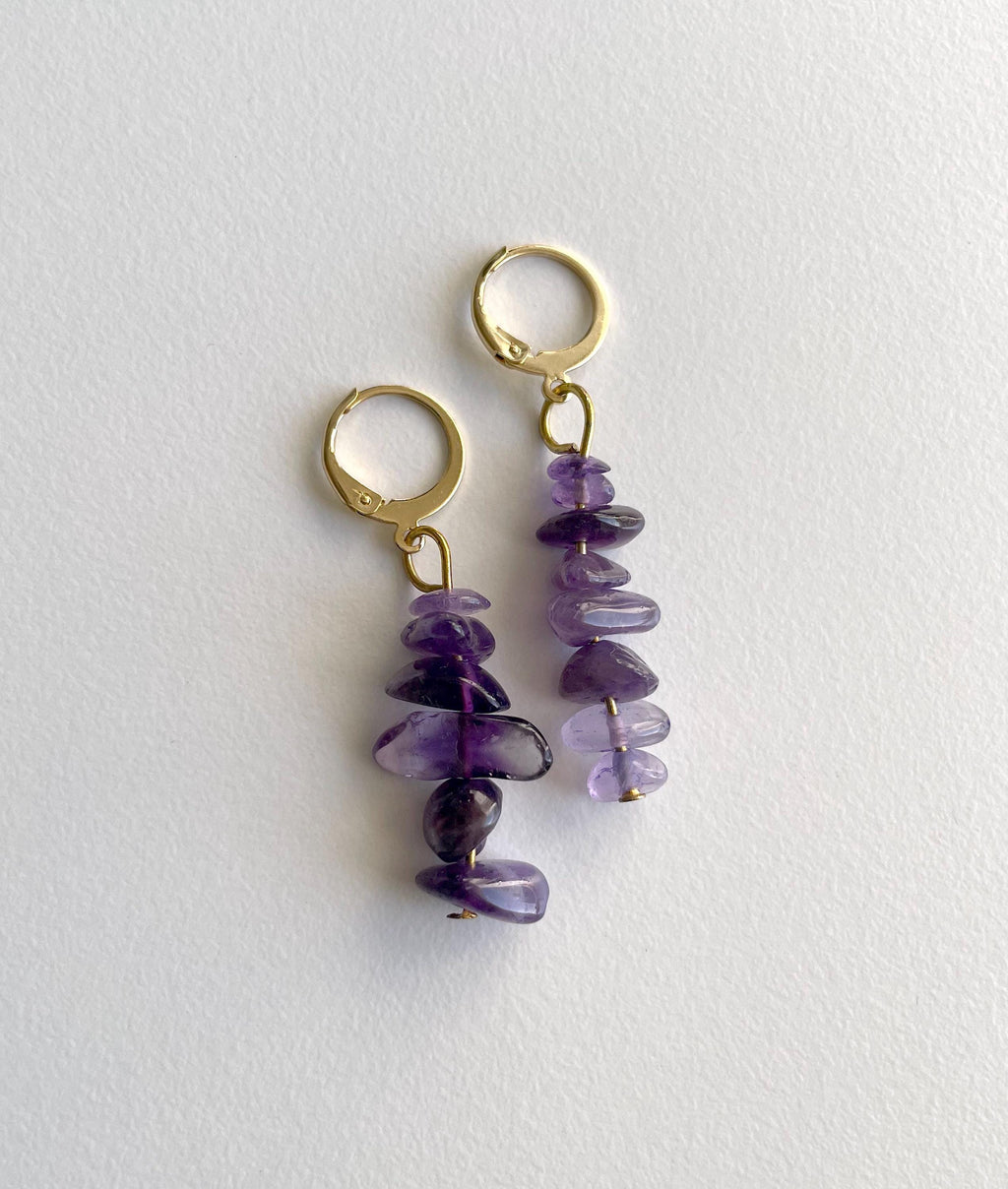 Natural Amethyst, Quartz & Red Jasper Chip Bead Earrings, 24K Gold Plated Hoops