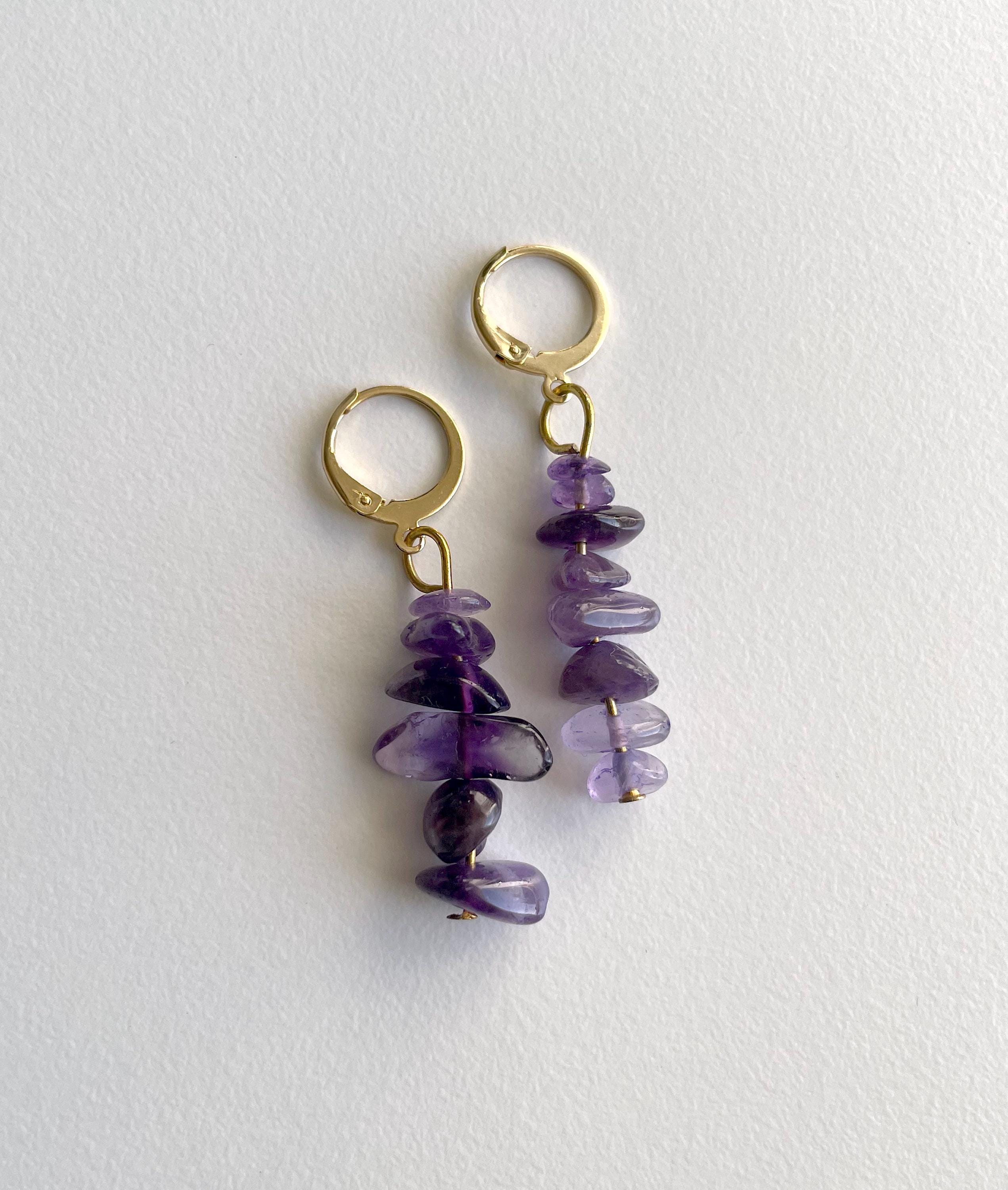 Natural Amethyst, Quartz & Red Jasper Chip Bead Earrings, 24K Gold Plated Hoops