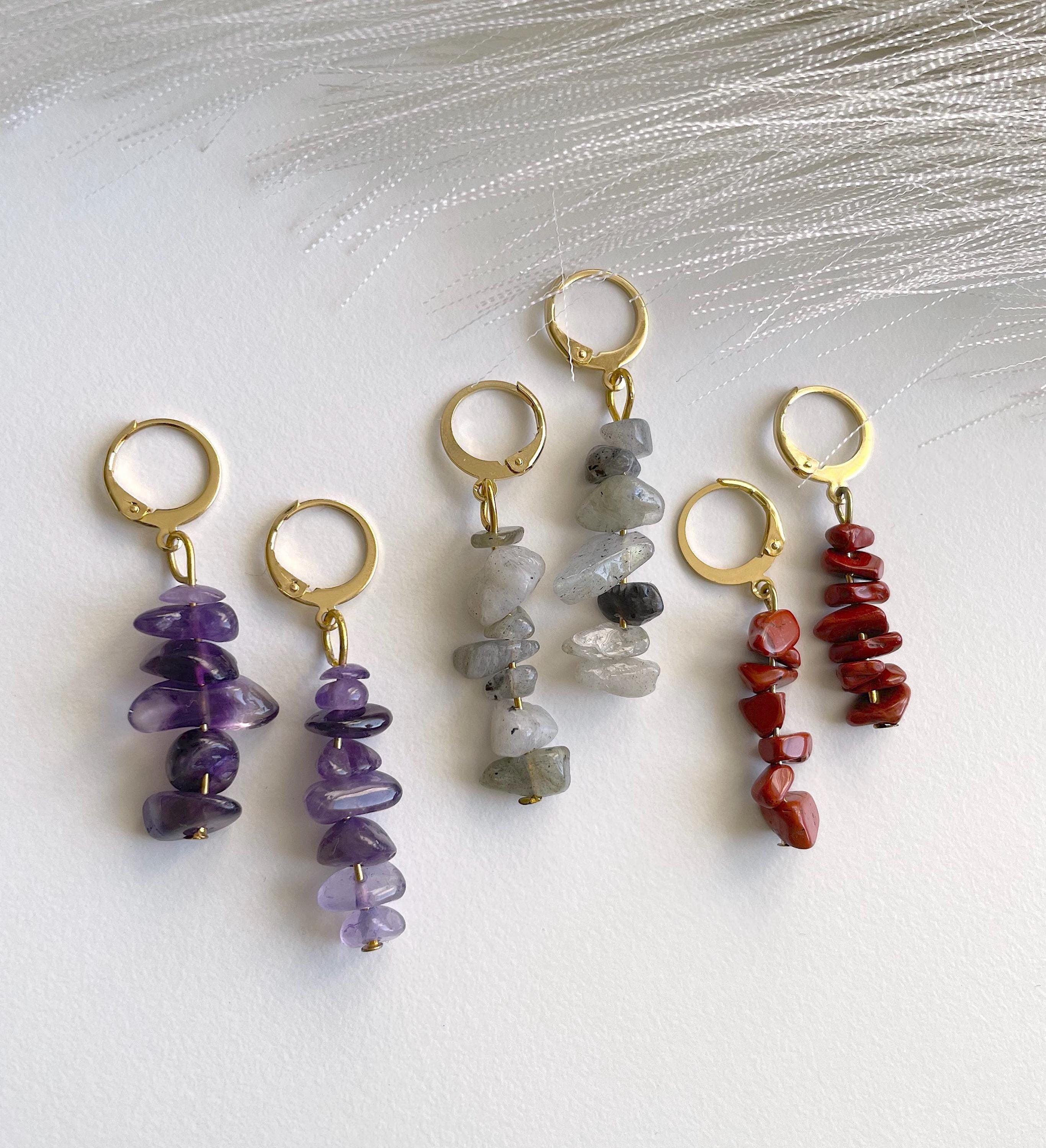 Natural Amethyst, Quartz & Red Jasper Chip Bead Earrings, 24K Gold Plated Hoops