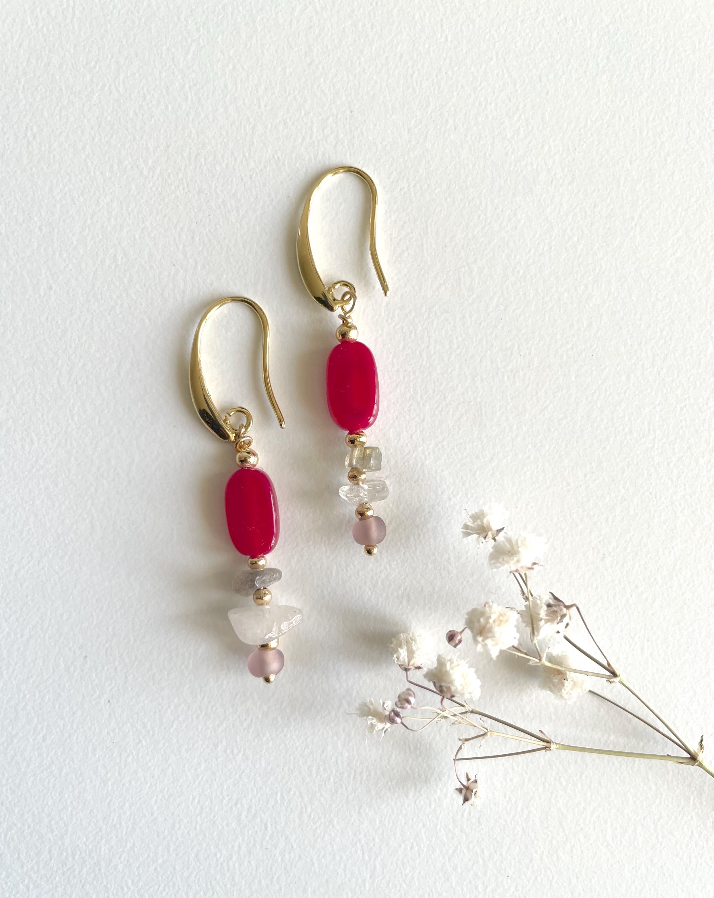 Handmade Cherry Red Earrings with Natural Quartz Chip Beads, 18K Gold Plated Hooks