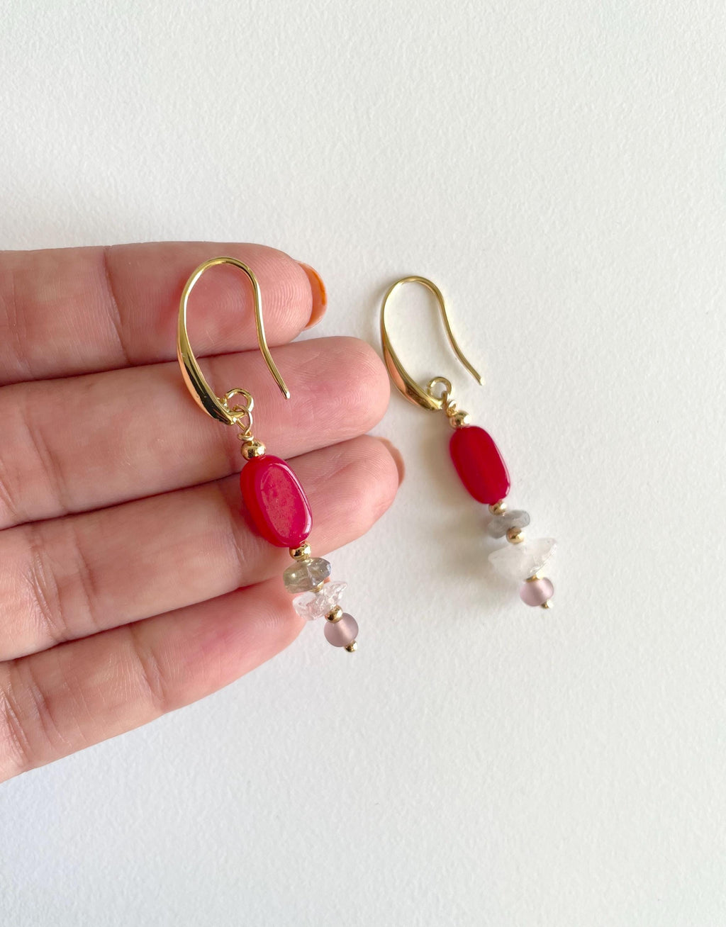 Handmade Cherry Red Earrings with Natural Quartz Chip Beads, 18K Gold Plated Hooks