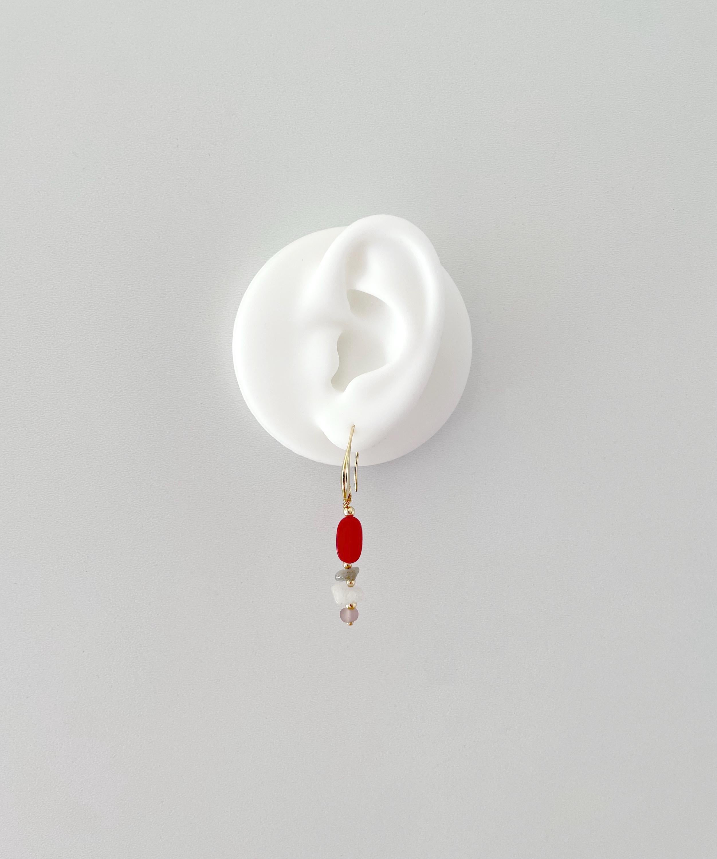 Handmade Cherry Red Earrings with Natural Quartz Chip Beads, 18K Gold Plated Hooks