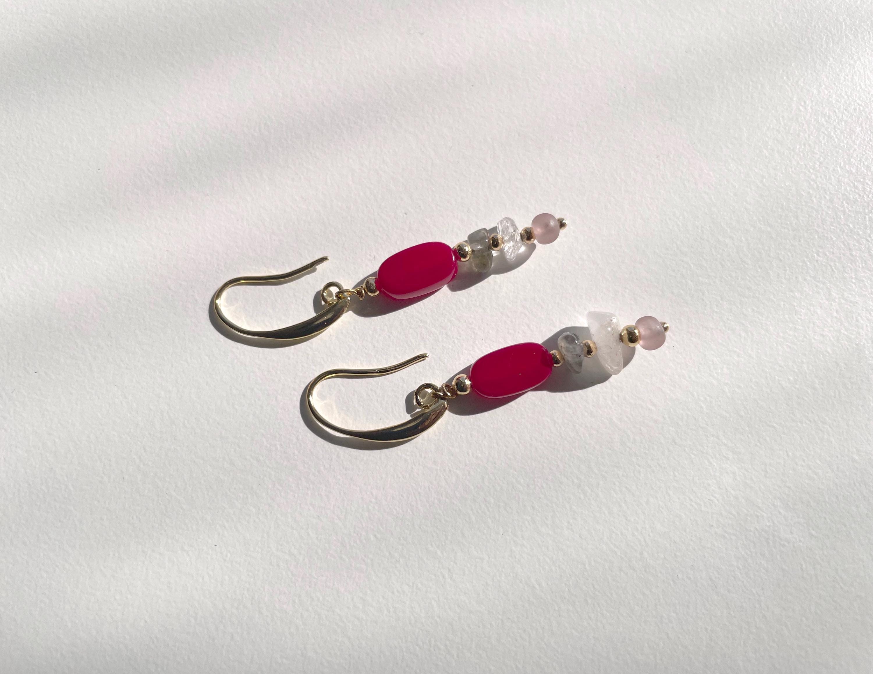Handmade Cherry Red Earrings with Natural Quartz Chip Beads, 18K Gold Plated Hooks