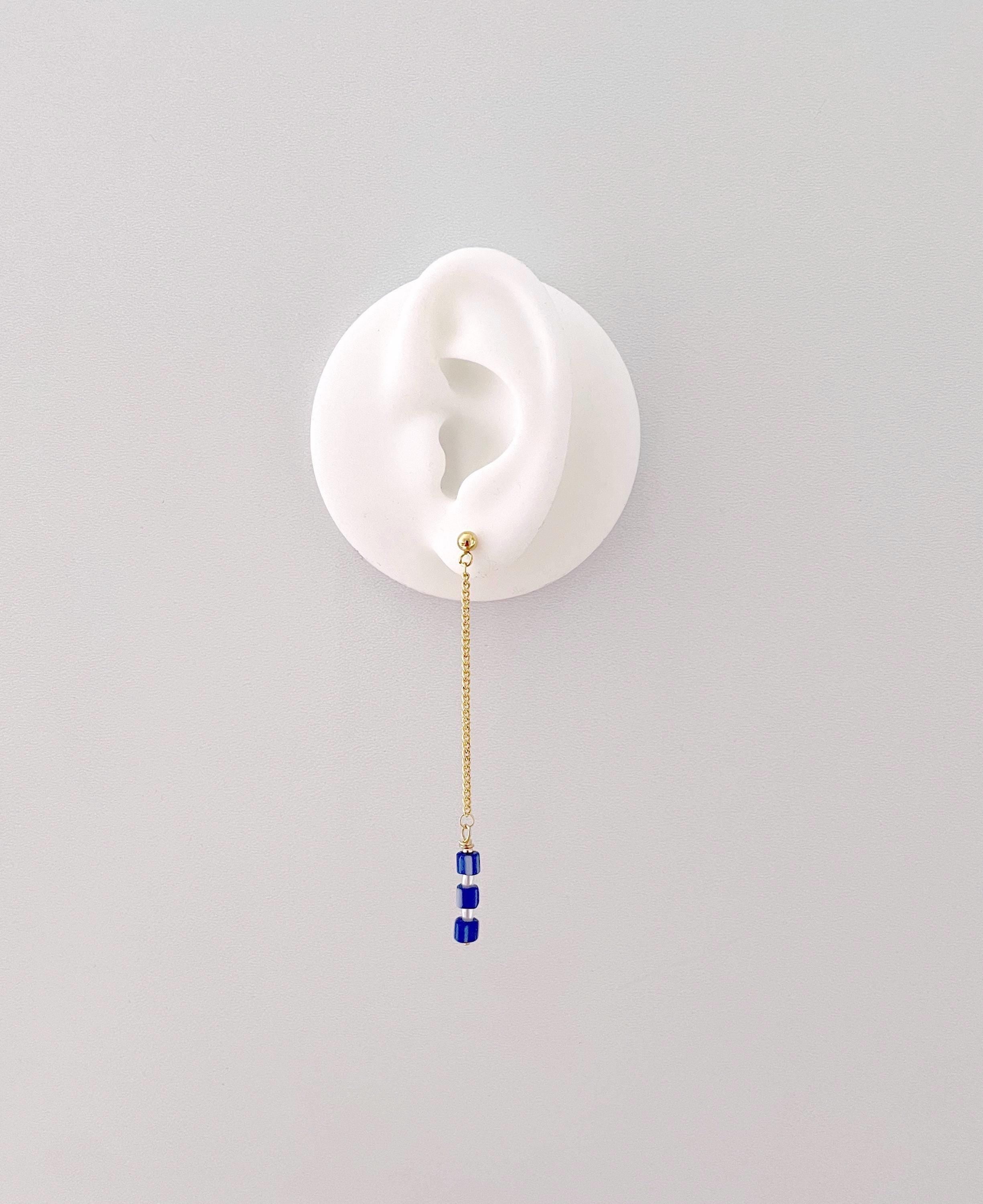 Long Chain Earrings with Real Pearl and Blue Beads, 24K Gold Plated Studs