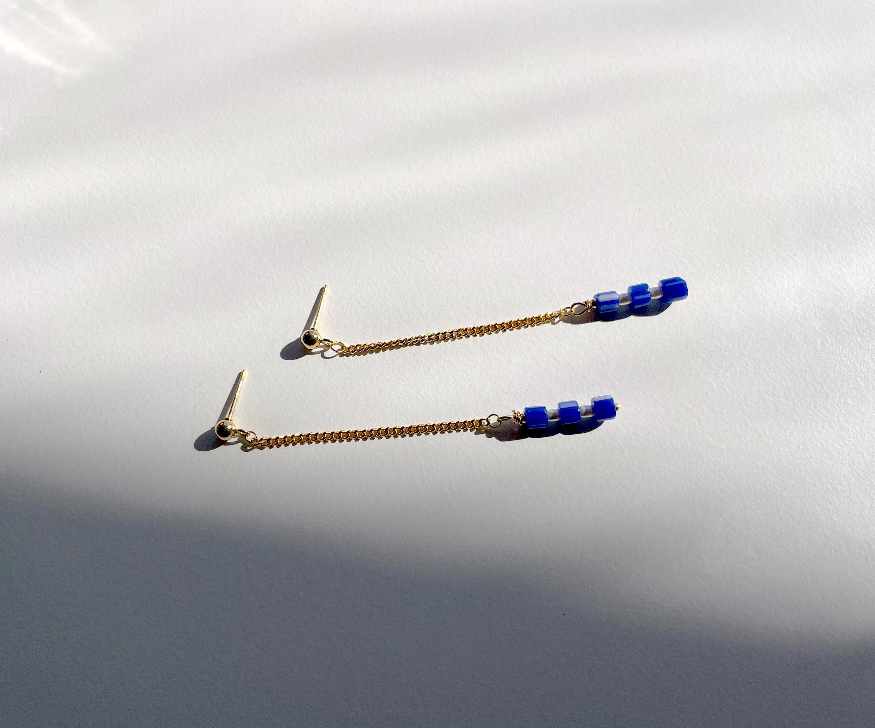 Long Chain Earrings with Real Pearl and Blue Beads, 24K Gold Plated Studs