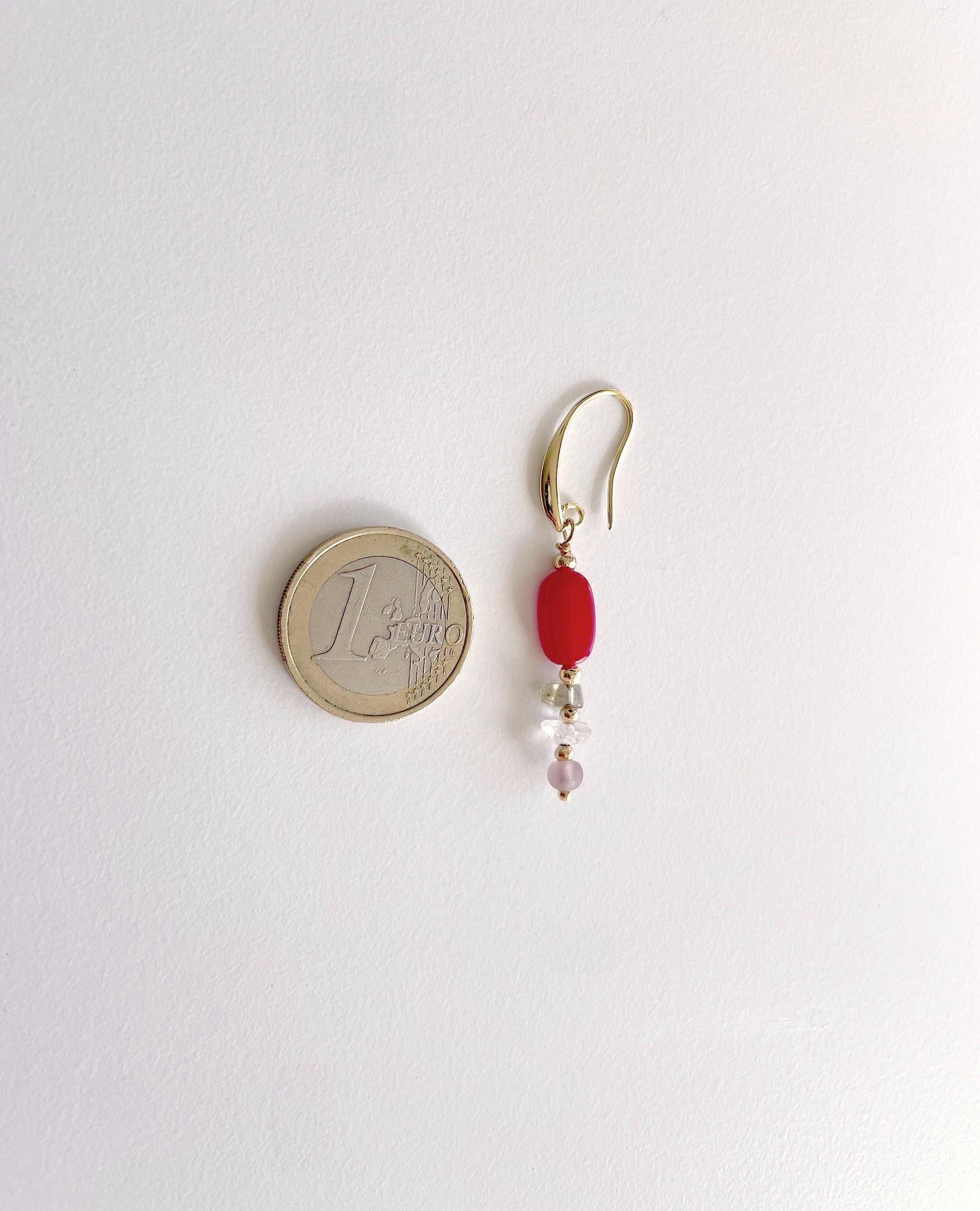 Handmade Cherry Red Earrings with Natural Quartz Chip Beads, 18K Gold Plated Hooks