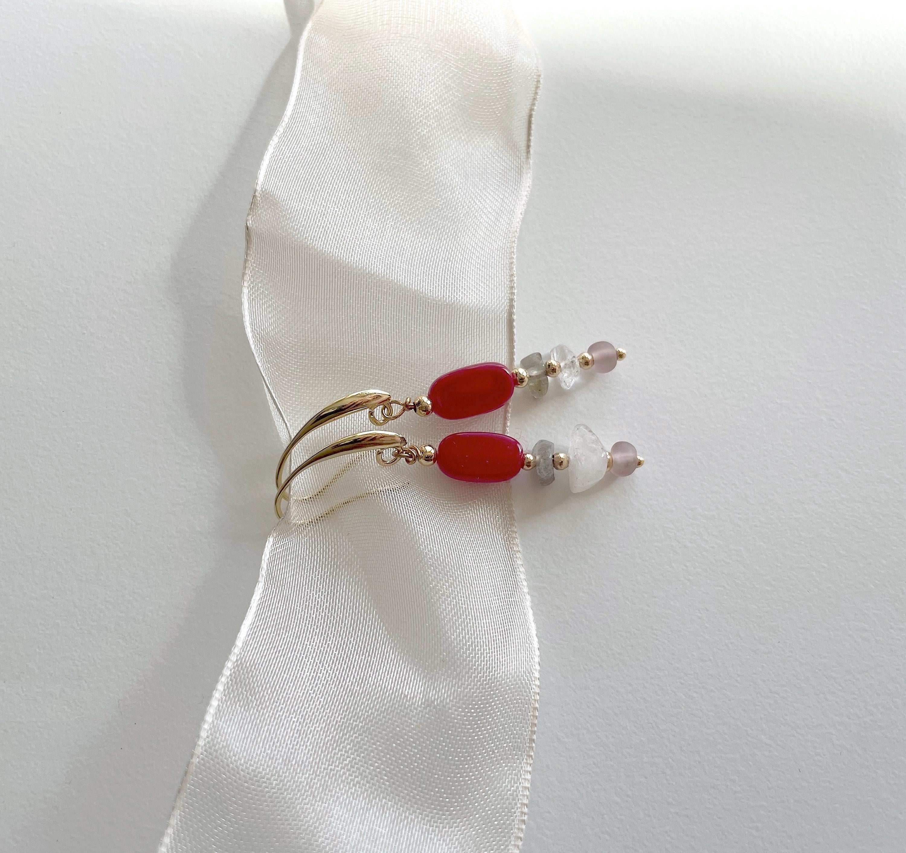Handmade Cherry Red Earrings with Natural Quartz Chip Beads, 18K Gold Plated Hooks