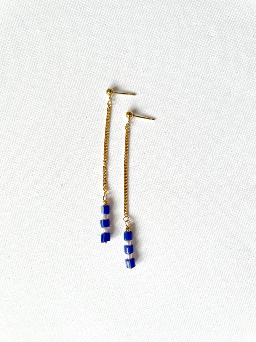Long Chain Earrings with Real Pearl and Blue Beads, 24K Gold Plated Studs