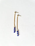 Long Chain Earrings with Real Pearl and Blue Beads, 24K Gold Plated Studs