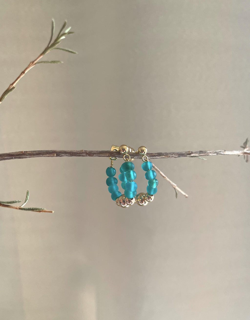 Beaded Teal Huggie Hoops, 24K Gold Plated Studs, Handmade Earrings