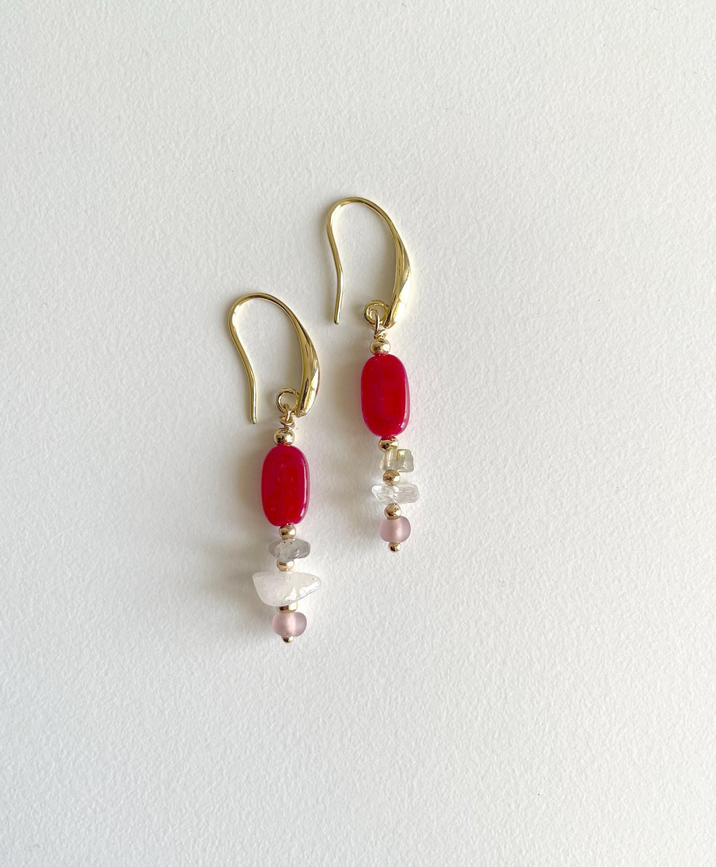 Handmade Cherry Red Earrings with Natural Quartz Chip Beads, 18K Gold Plated Hooks