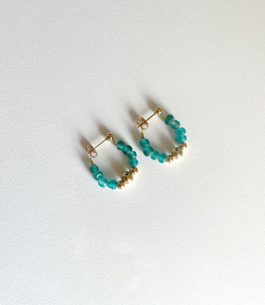Beaded Teal Huggie Hoops, 24K Gold Plated Studs, Handmade Earrings